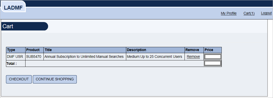 Screenshot of LADMF Cart page with selected product.
