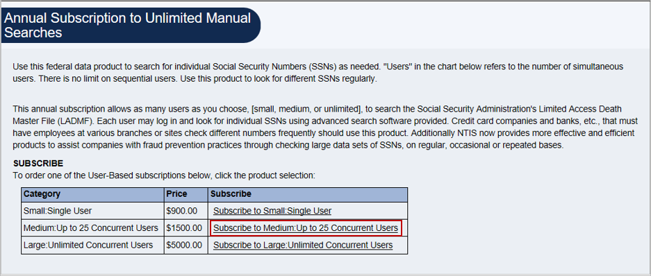 Screenshot of Annual Subscription to Unlimited Manual Searches product detail page.