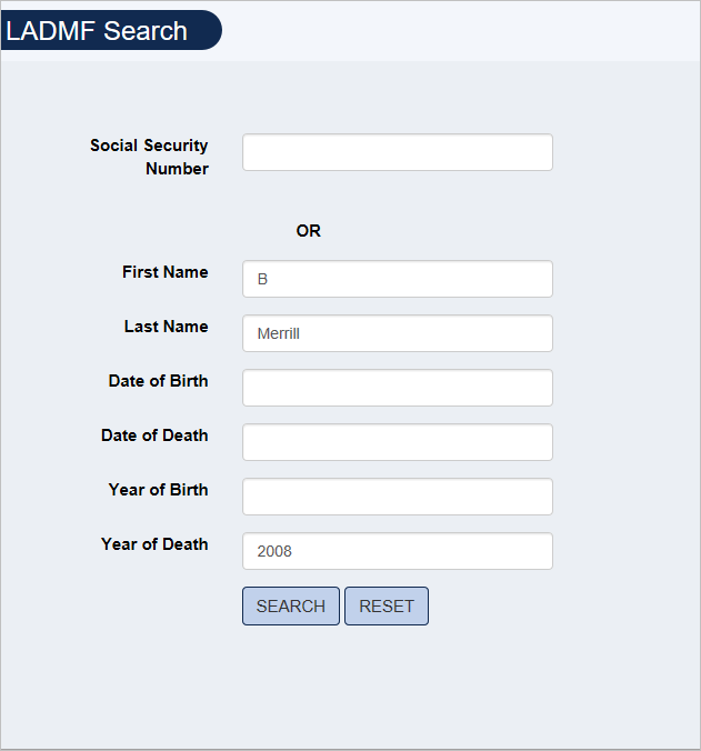Screenshot of LADMF Search form filled out with example search for B. Merrill