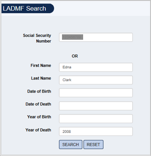 Screenshot of LADMF Search form filled out with example search for Edna Clark.