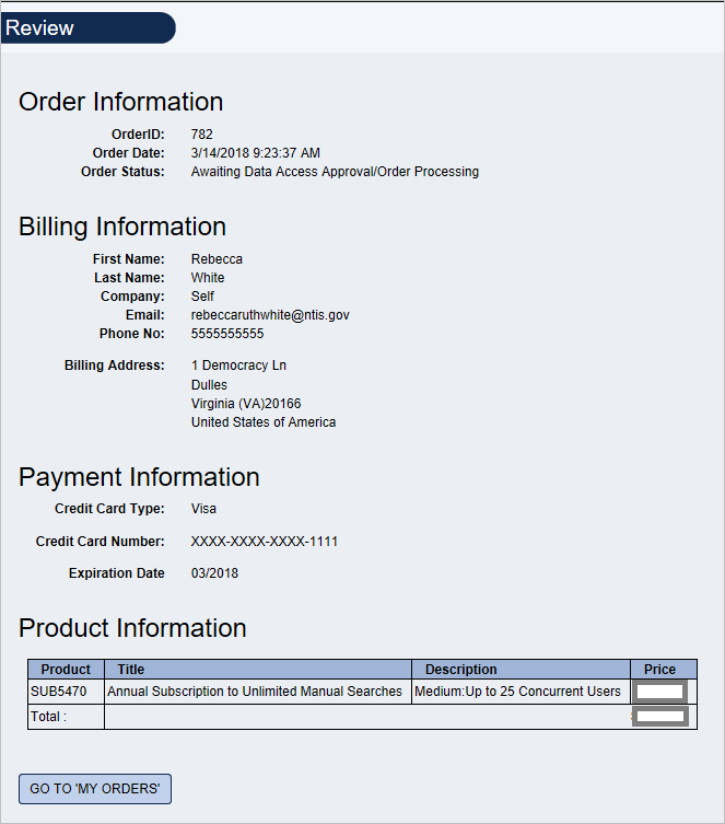 Screenshot of Order Status after confirming purchase.