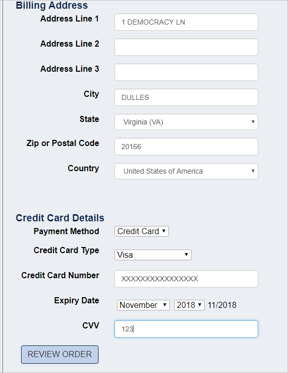 Screenshot of Billing Address and Payment Detail form presented during Checkout process.