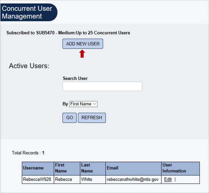 Screenshot of Concurrent User Management page with ADD NEW USER button emphasized.