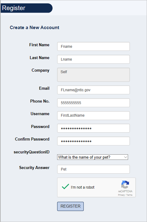 Screenshot of Register Form.