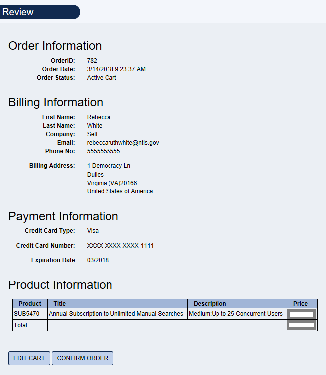 Screenshot of Order Review Page displayed prior to completing order process.